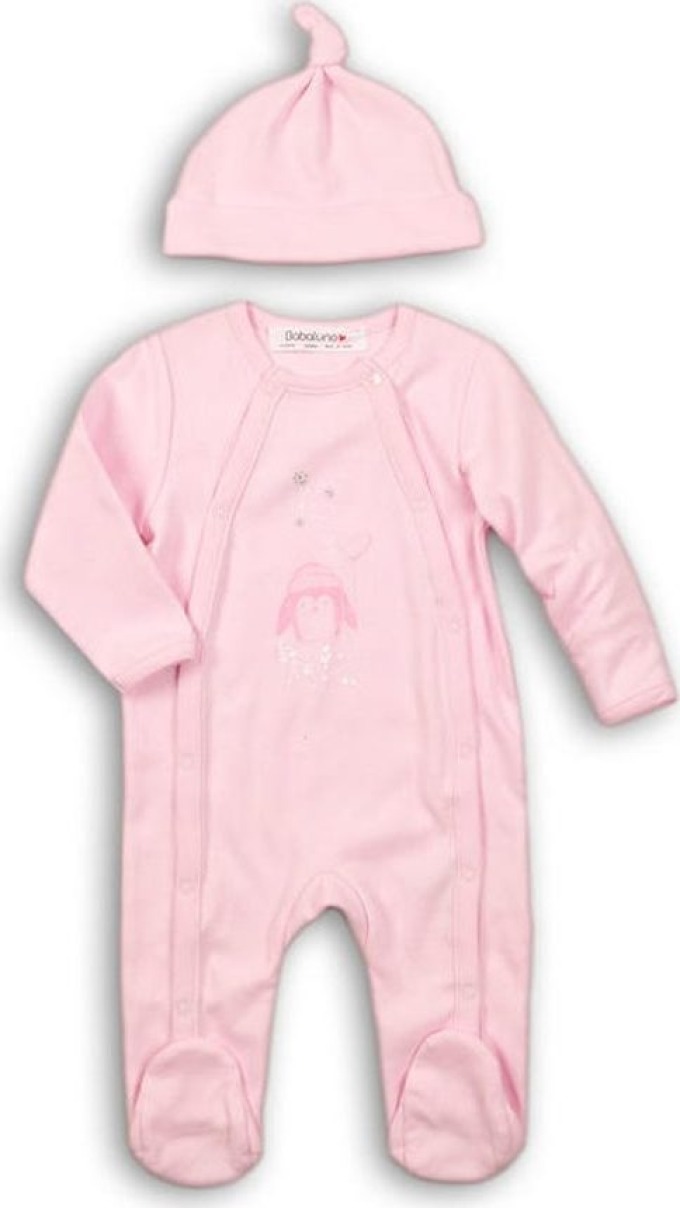 Overal kojenecký bavlněný s čepičkou, Minoti, PENGUIN 4, růžová - 74/80 | 9-12m